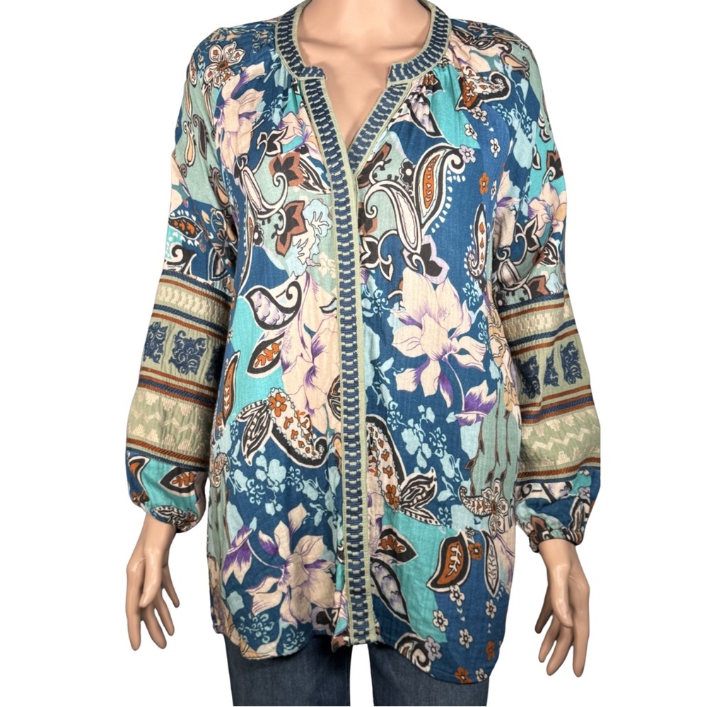 Soft Surroundings Blue Green Multicolor Button Down Tunic Top – Size M